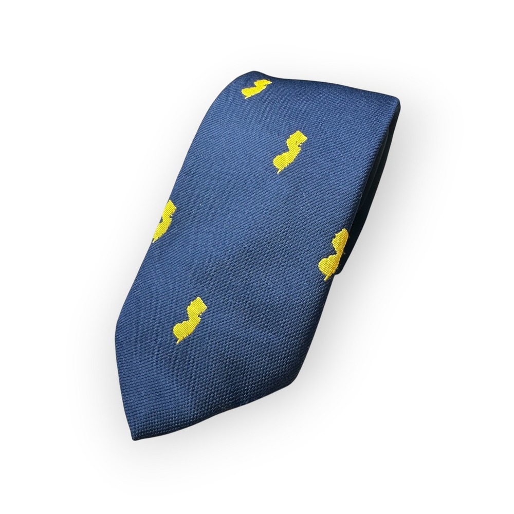 Vintage First National State New Jersey NJ Navy Blue Yellow Embroidered Tie